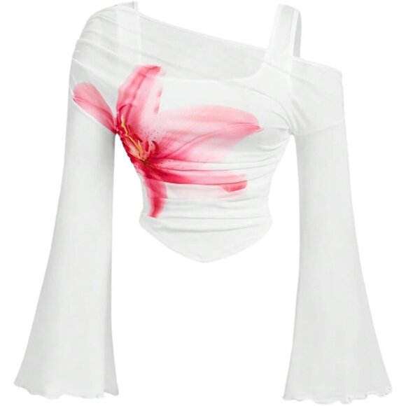 Tops - Women's Mesh Cropped Top Off Shoulder Y2K Style Slim Fit & Stretchable